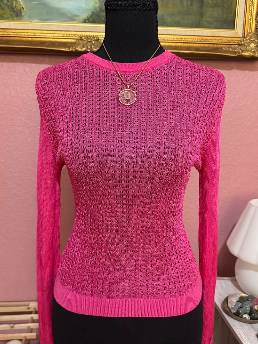 NWT Free People H2O Crew Neck Pullover Knit Top Sheer Hibiscus Highlight Pink XS